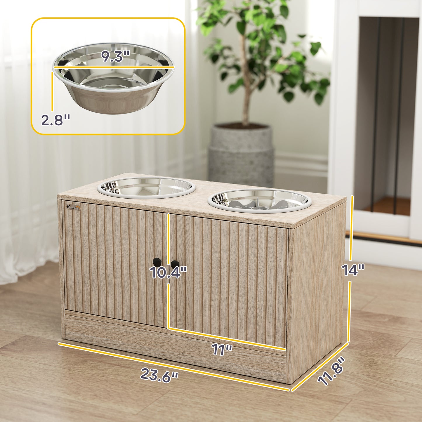 Elevated Dog Bowls with Storage Cabinet,  2 Stainless Steel Bowls, Slow Feeder, Dog Feeding Station for Large Dogs, Oak